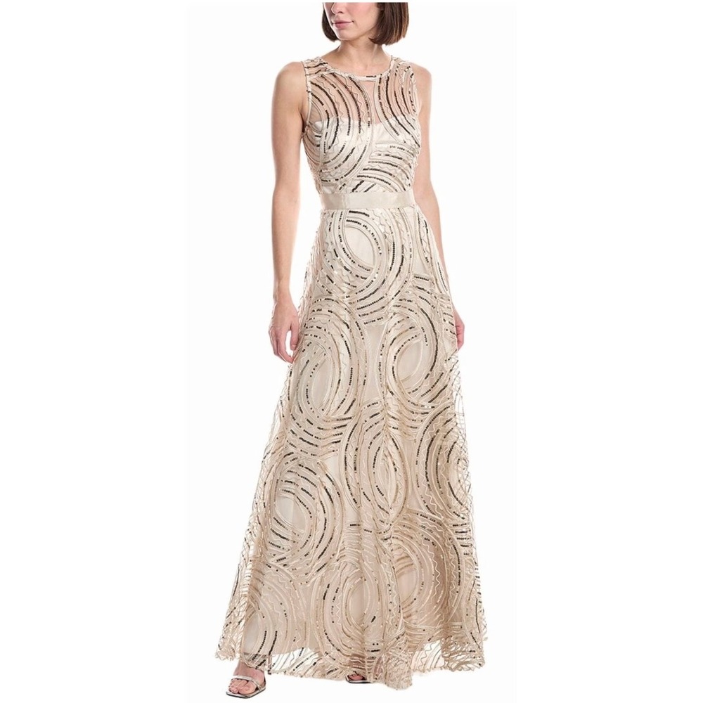 Eliza J Womens Sleeveless Boat‎ Illusion Neck A-Line Gown 12P Petite Gold $328